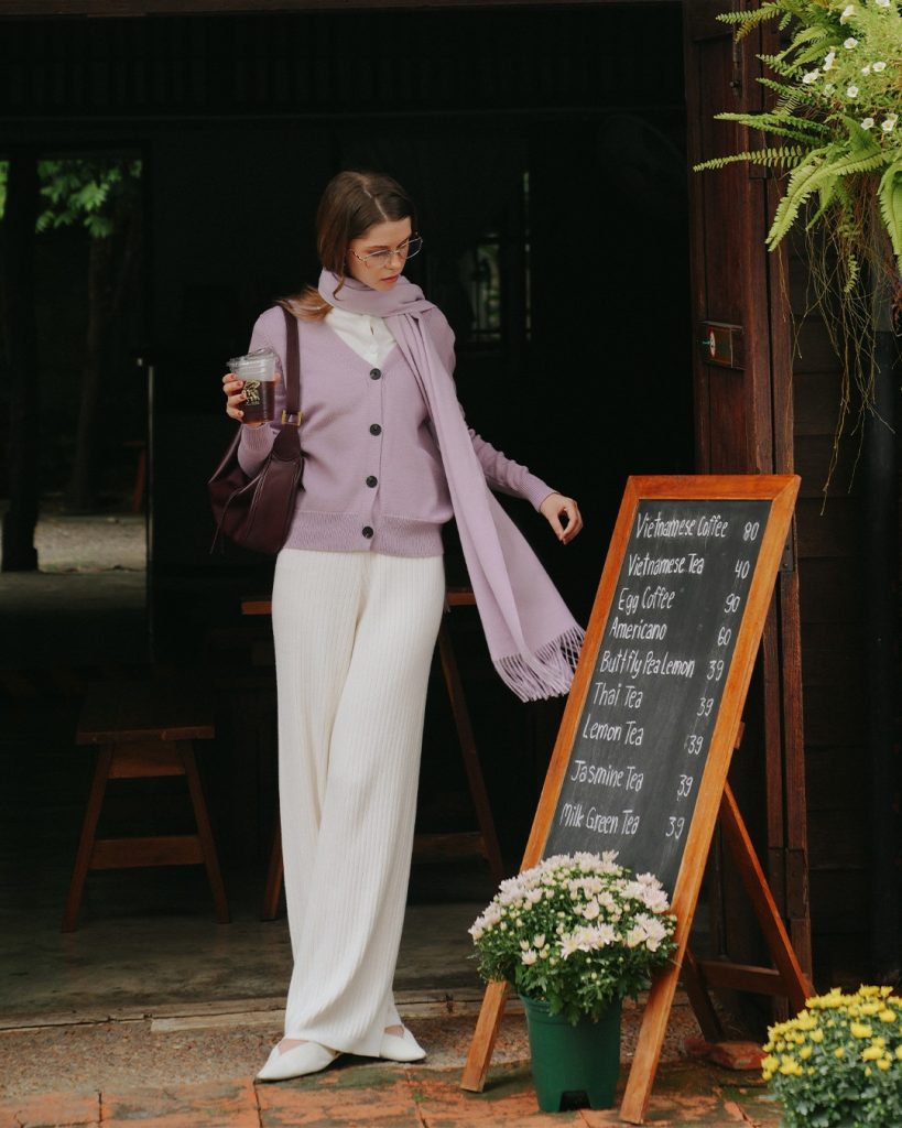 Lavender Cardigan + White Blouse + Ribbed Wide-Leg Pants