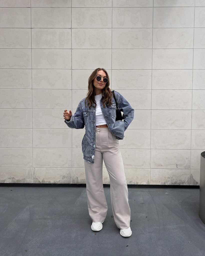 Blue Denim Jacket + White Crop Top + Beige Trousers