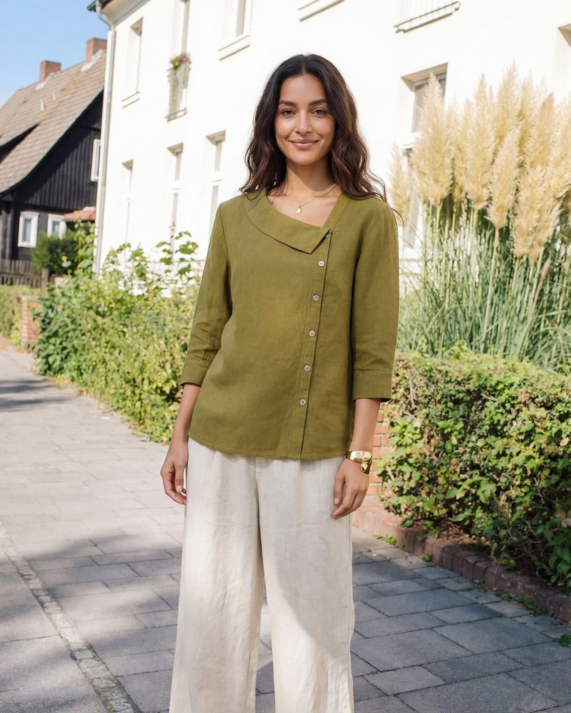 Olive Asymmetric Tunic + Wide-Leg Linen Pants