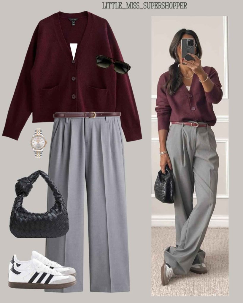 The Burgundy Cardigan + Pleated Trousers + Retro Sneakers
