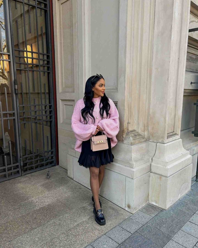 The Chunky Pastel Knit + Ruffled Mini Skirt + Loafers