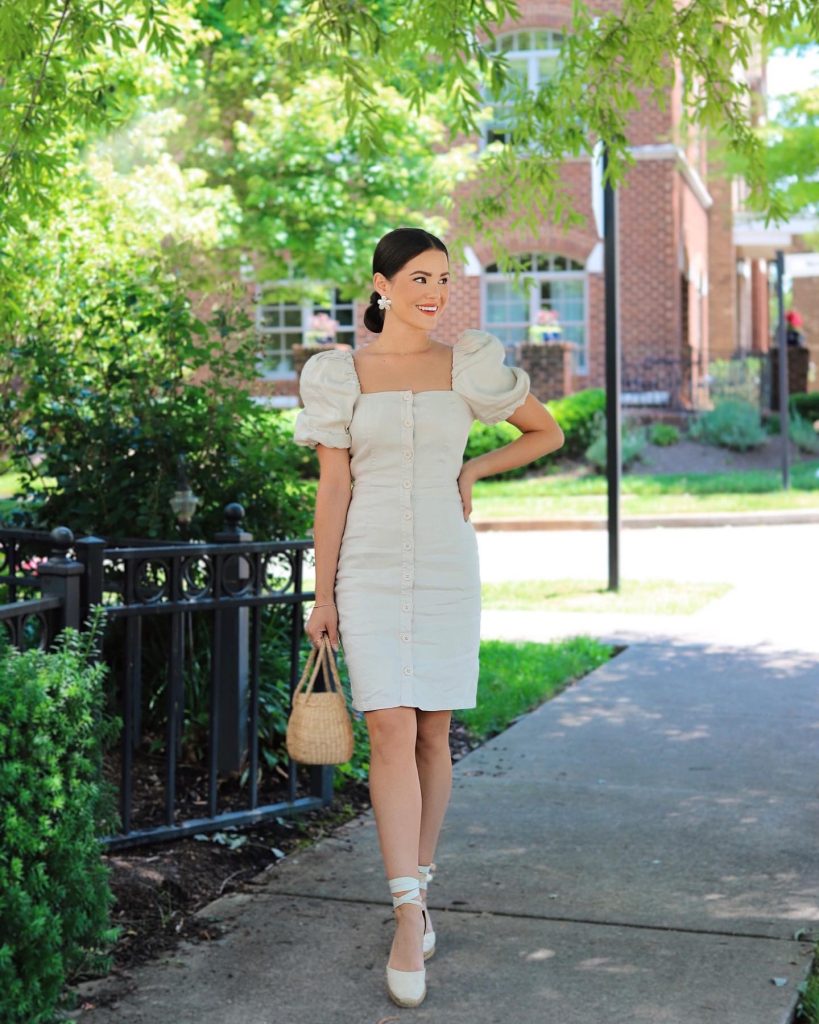 Puff Sleeve Button-Down Dress + Espadrille Wedges + Mini Straw Bag