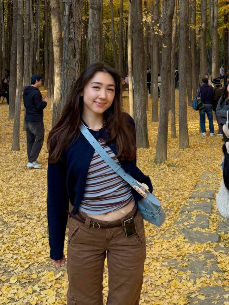 Navy Cardigan + Striped Top + Brown Cargo Pants