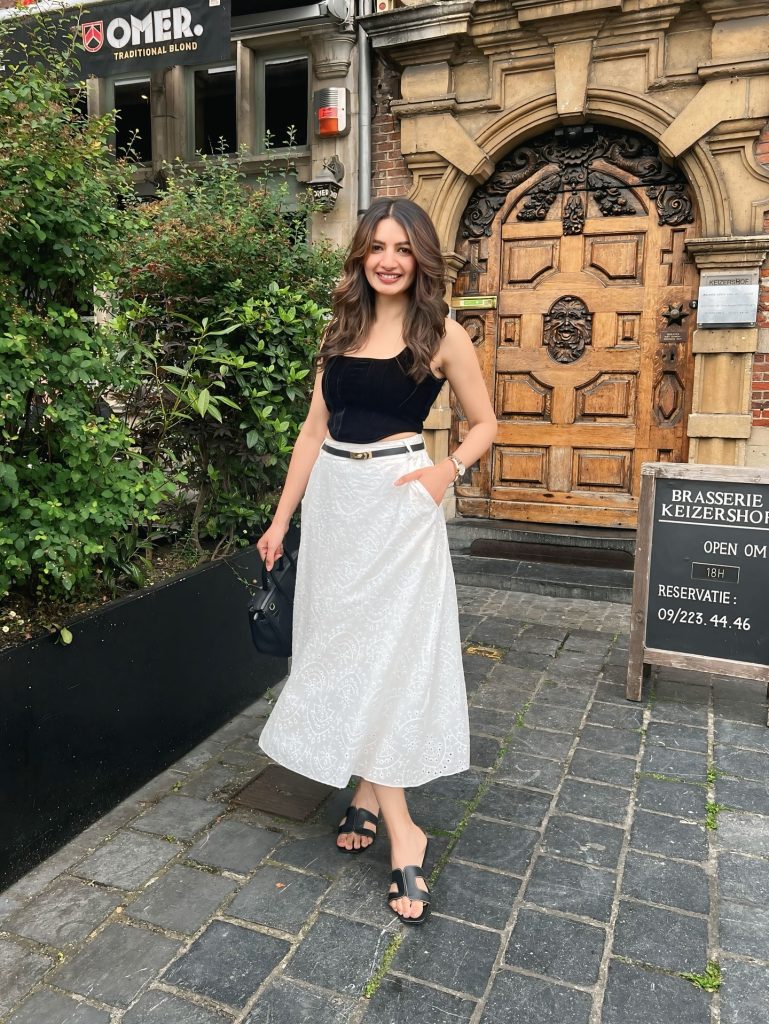 White Eyelet Maxi Skirt + Black Corset Top + Black Slide Sandals