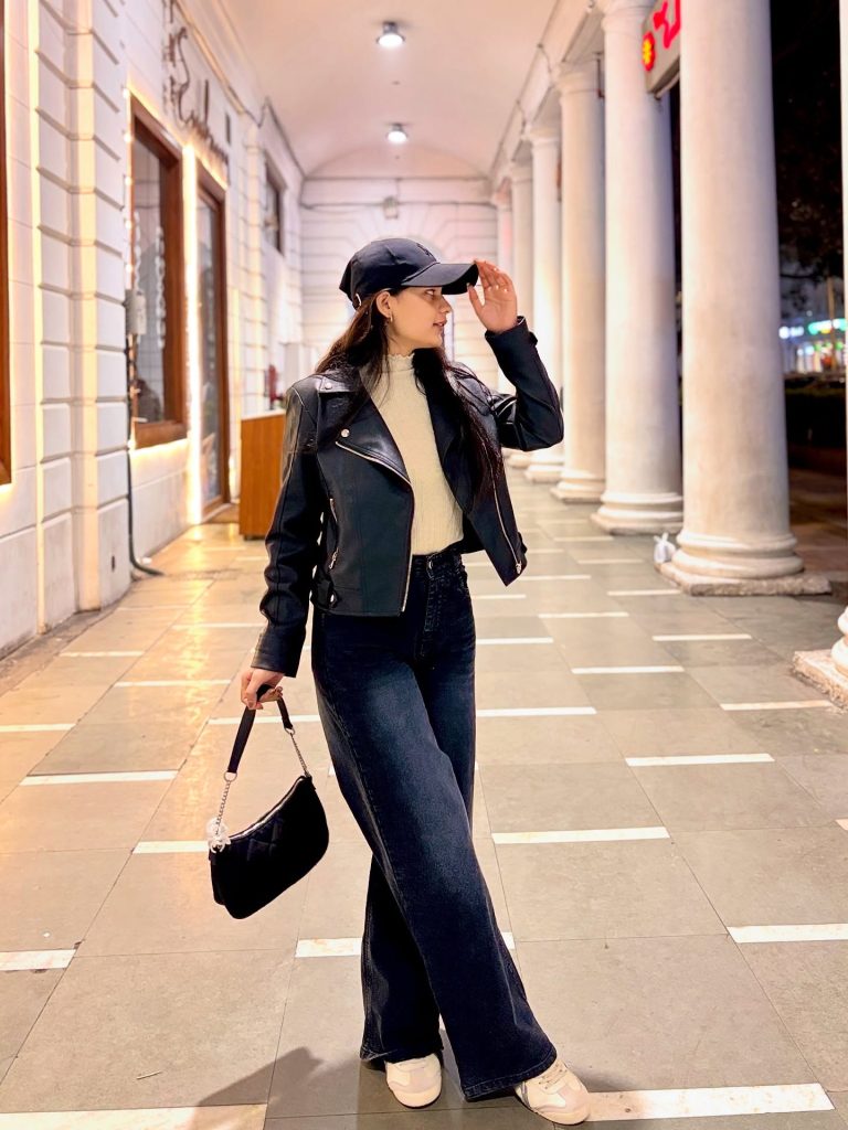 Black Leather Jacket + Cream Turtleneck + Wide Leg Jeans