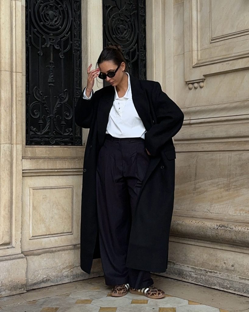 Black Overcoat + White Polo Shirt + Wide-Leg Trousers