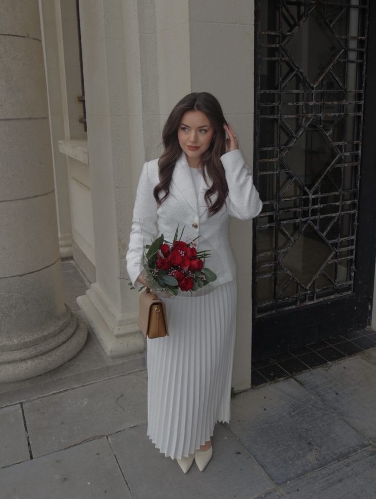 White Tweed Blazer + Pleated Maxi Skirt