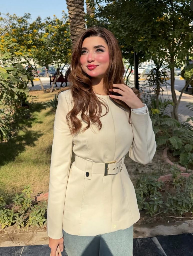 Cream Belted Blazer + White Undershirt + Blue Trousers