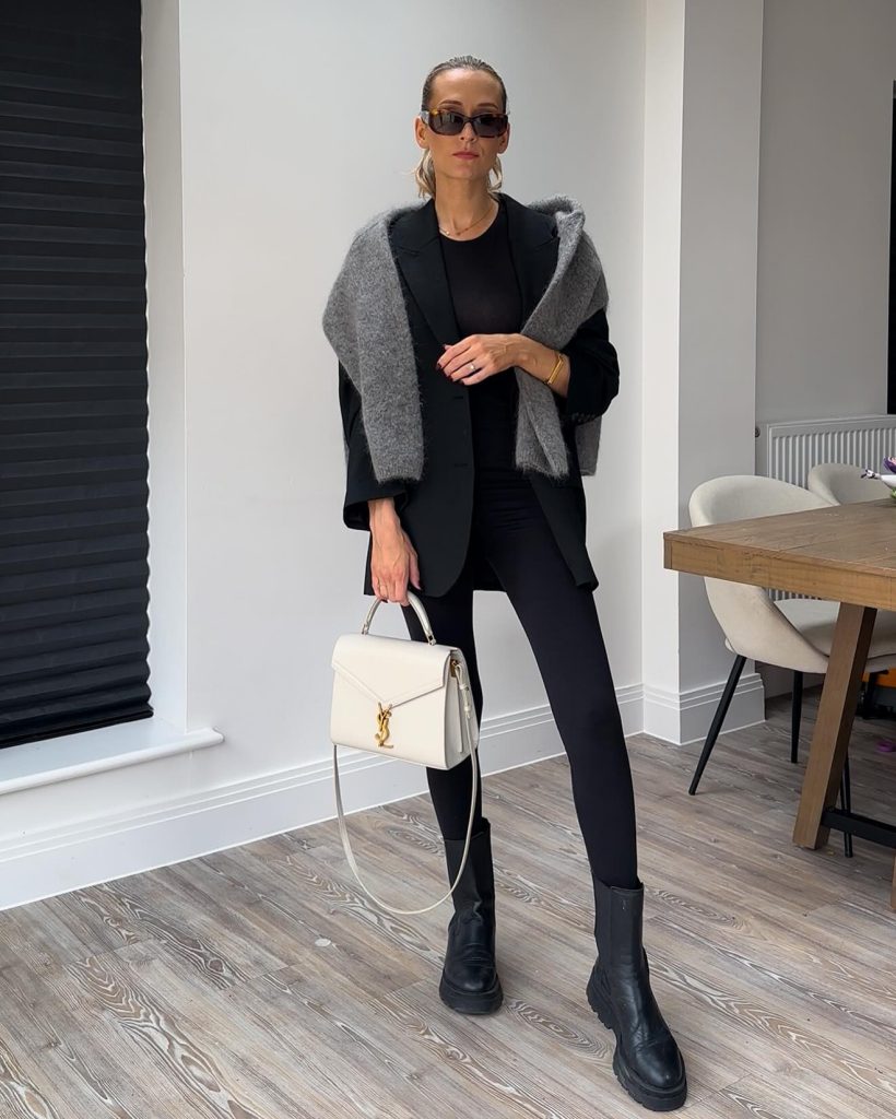 Black Blazer + Gray Shoulder Sweater + Black Leggings