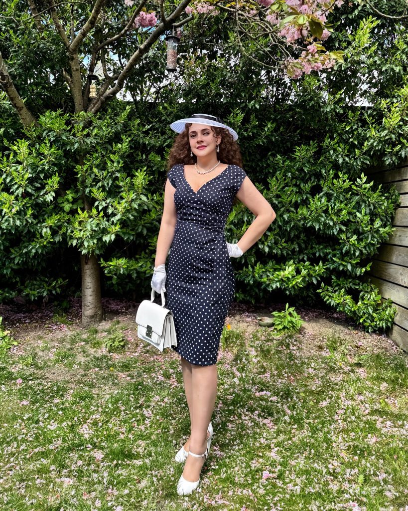 Navy Polka Dot Sheath Dress + White Formal Gloves