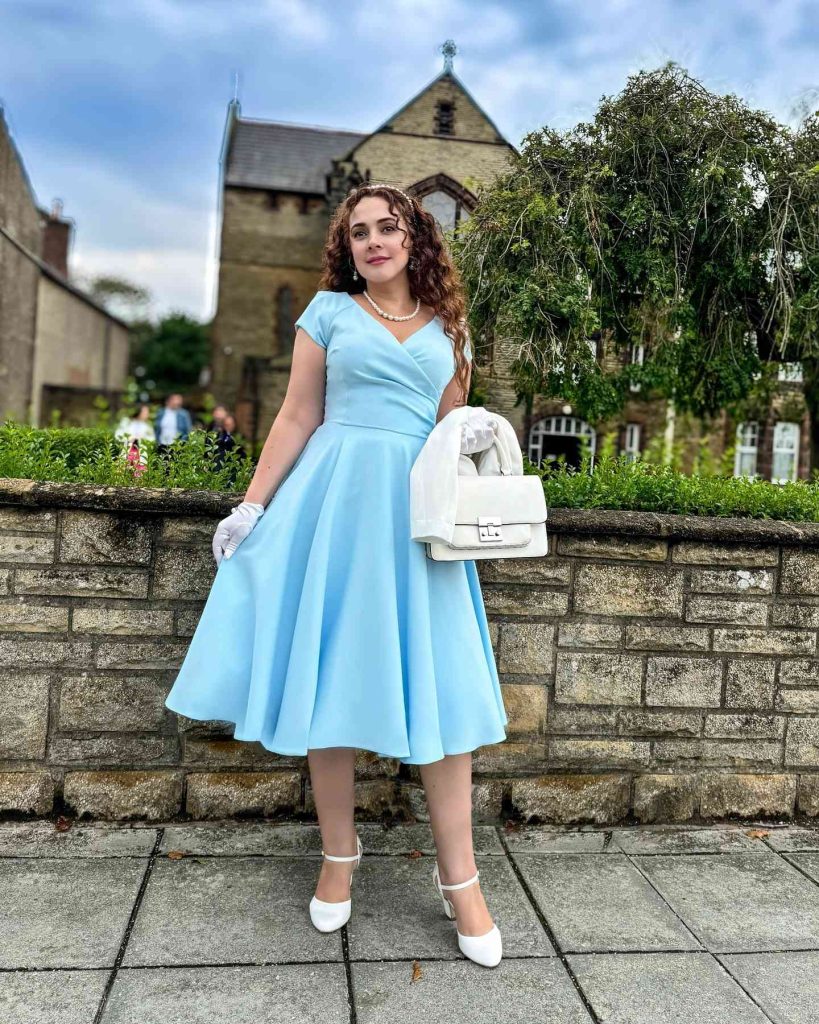 The Fit-and-Flare Tea Dress + Pearl Necklace + White Pumps
