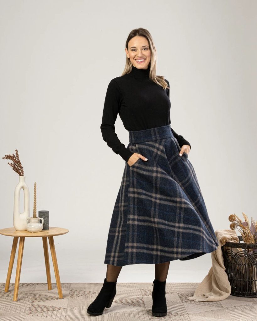 Blue Plaid A-Line Skirt + Black Turtleneck + Suede Ankle Boots