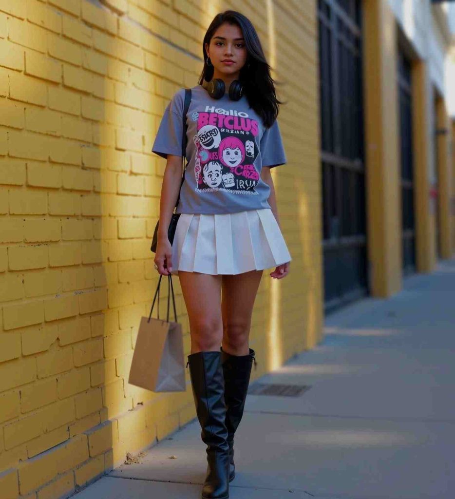 The Graphic Tee + Pleated Mini + Knee-High Boots