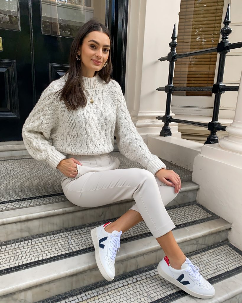 Cream Cable Knit Sweater + Gold Necklace + Bone Slim-Fit Trousers