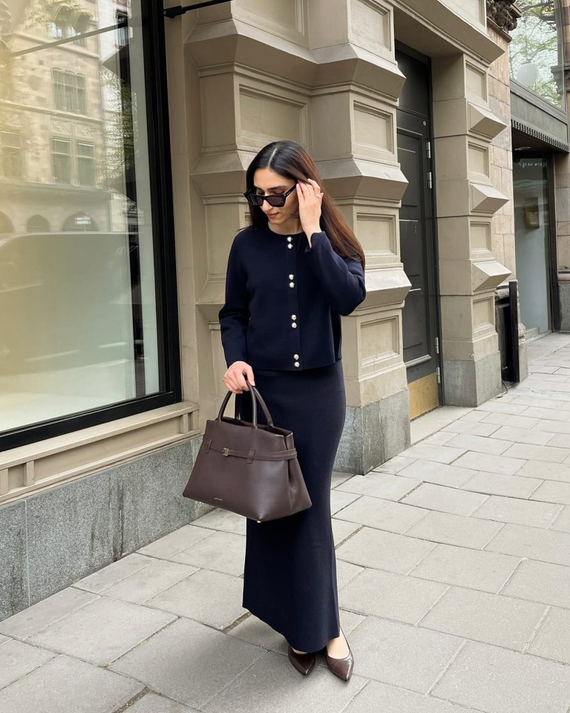 Navy Knit Maxi Skirt + Navy Button-Up Cardigan + Dark Brown Tote Bag