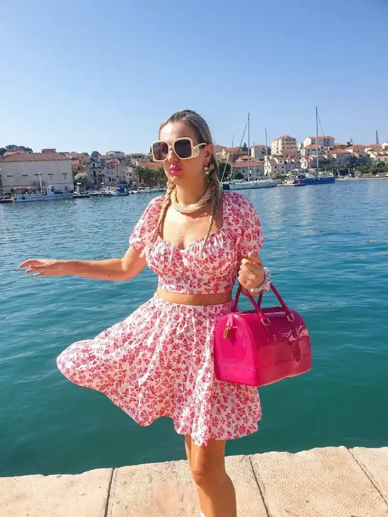 The Floral Crop Top + Matching Mini Skirt + Pink Bag