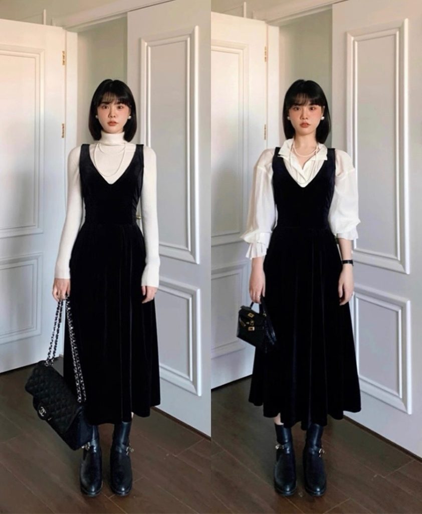  Black Velvet Pinafore + White Ruffle Blouse + Leather Boots