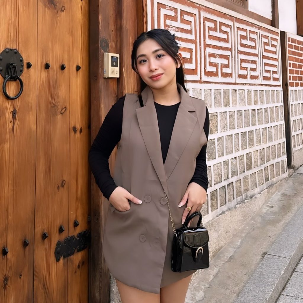 Taupe Long Vest + Black Long Sleeve + Black Handbag