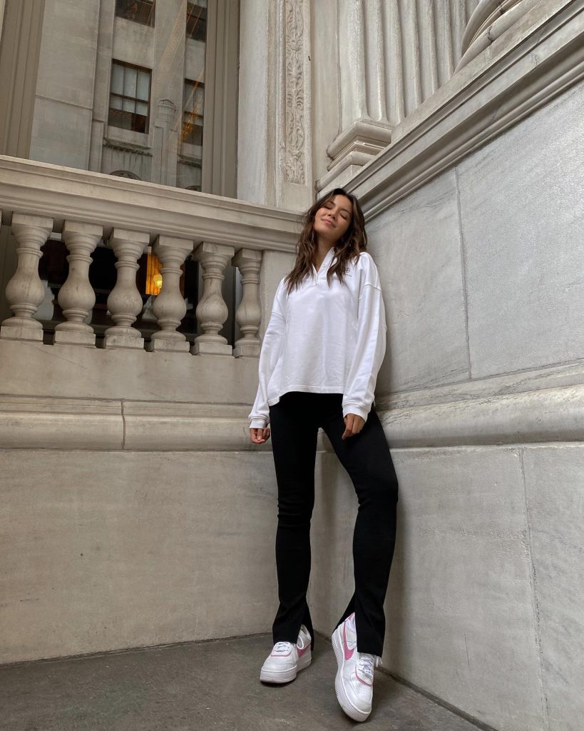 White Quarter-Zip Sweatshirt + Split-Hem Leggings + Sneakers