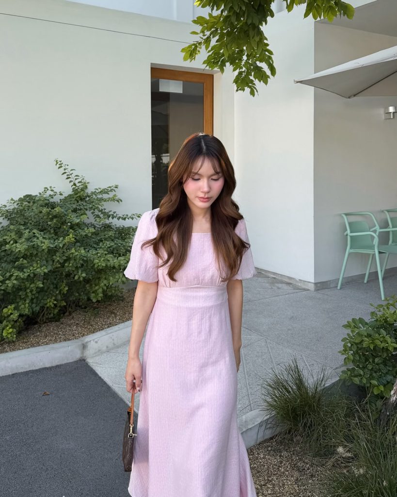  Pink Maxi Dress + Square Neckline + Logotype Pochette