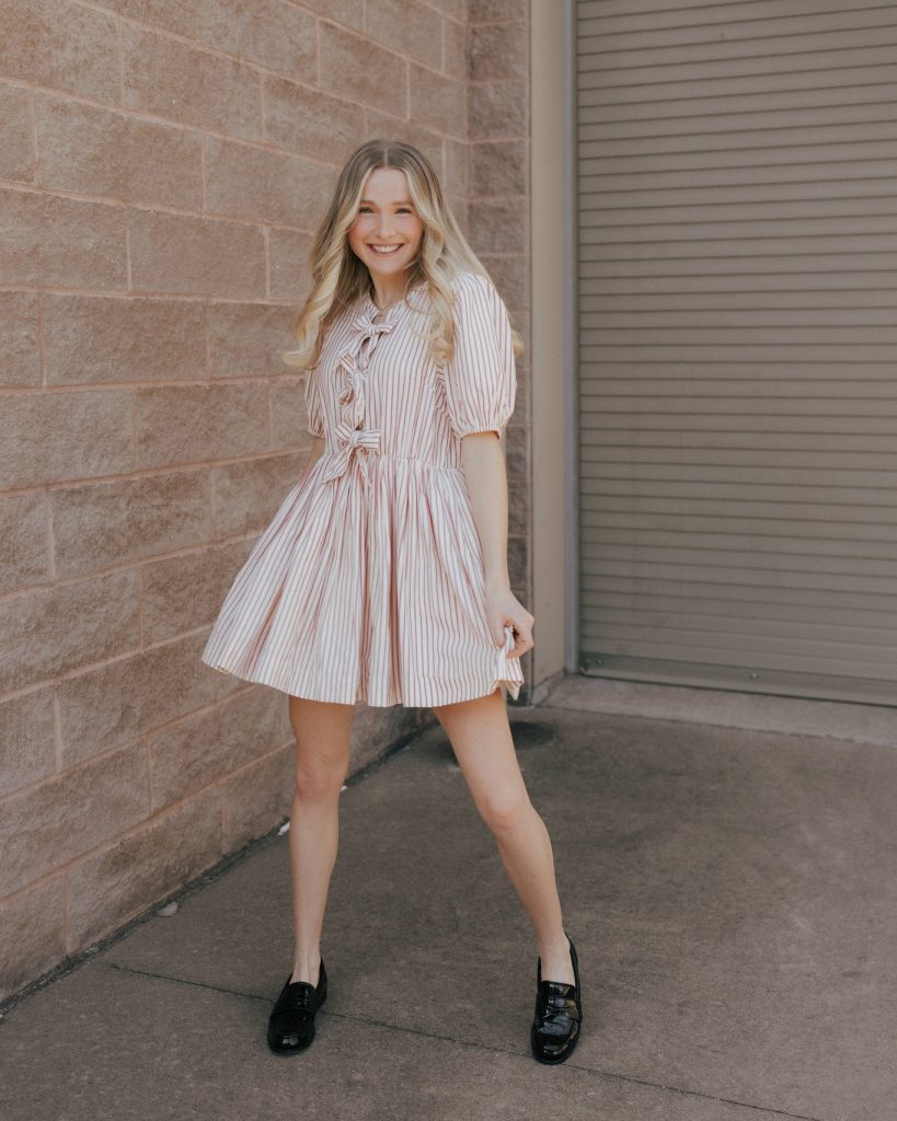 Red Striped Mini Dress + Black Leather Loafers