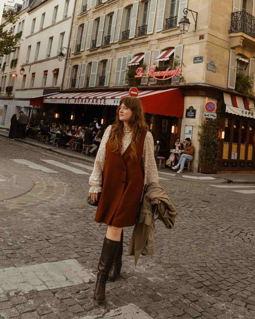  The Lace Blouse + Pinafore Dress + Leather Boots