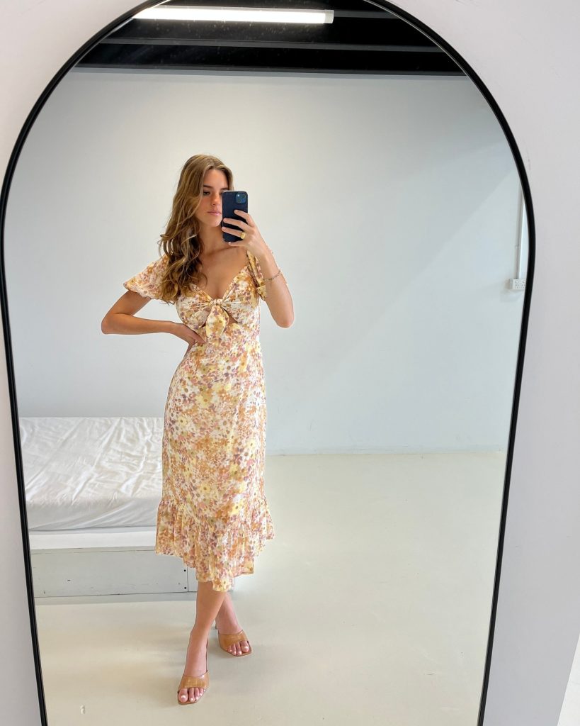 Floral Tie-Front Dress + Tan Heeled Sandals