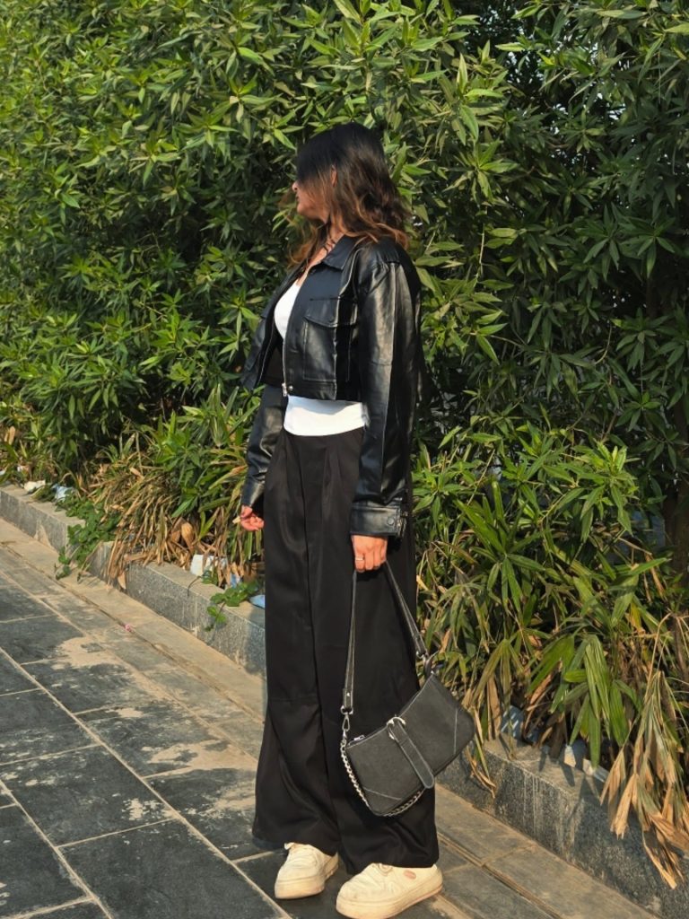 Black Leather Cropped Jacket + White Tank Top + Black Wide Leg Trousers