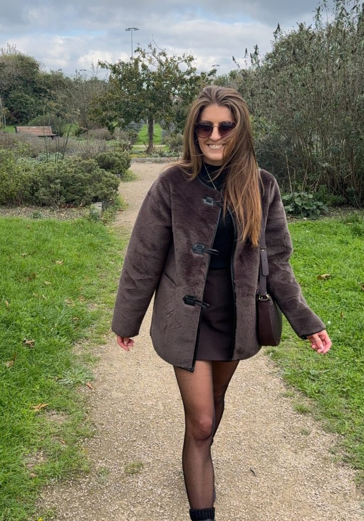 Brown Faux Fur Coat + Mini Skirt + Sheer Tights