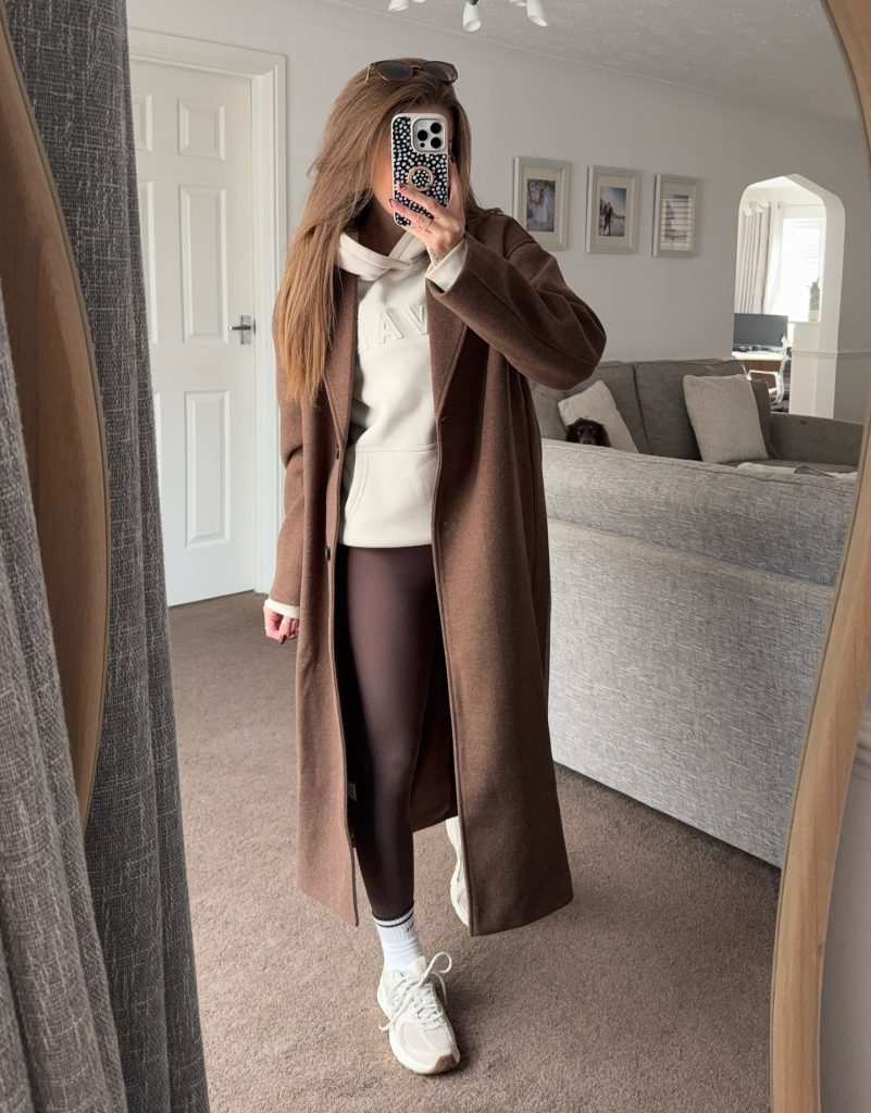 Brown Wool Coat + Cream Hoodie + Dark Brown Leggings