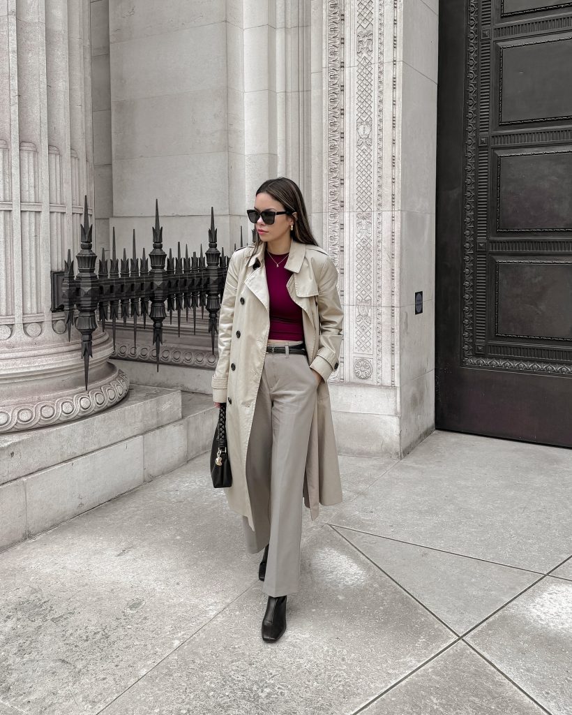 Classic Trench Coat + Burgundy Bodysuit + Greige Slacks