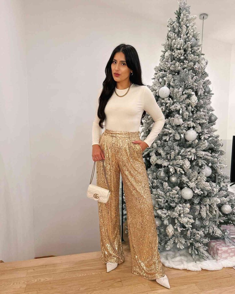 The Long-Sleeve Bodysuit + Sequin Wide-Leg Trousers + Pointed Pumps