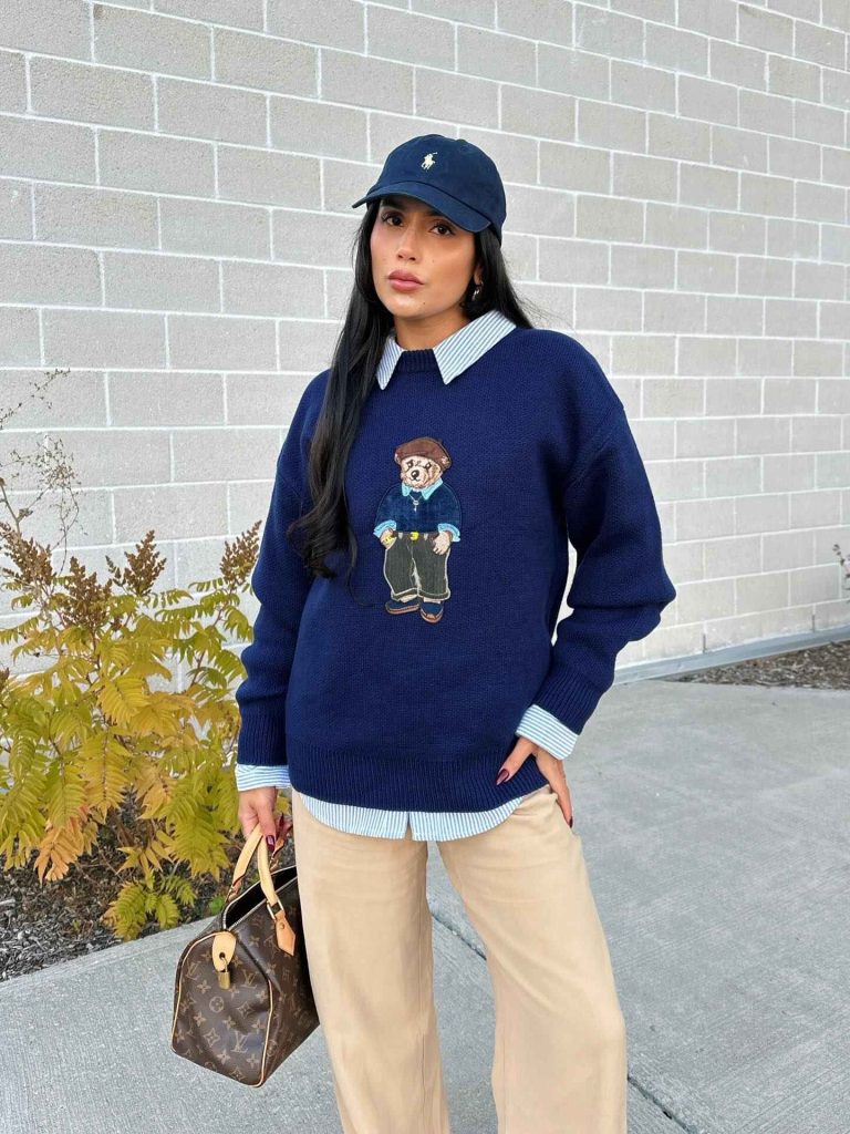 The Bear Motif Sweater + Striped Shirt + Khaki Chinos