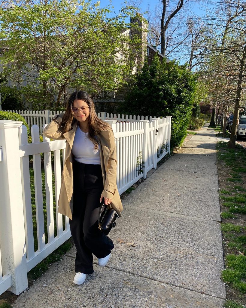 Tan Trench Coat + White Crewneck + Black Wide-Leg Pants