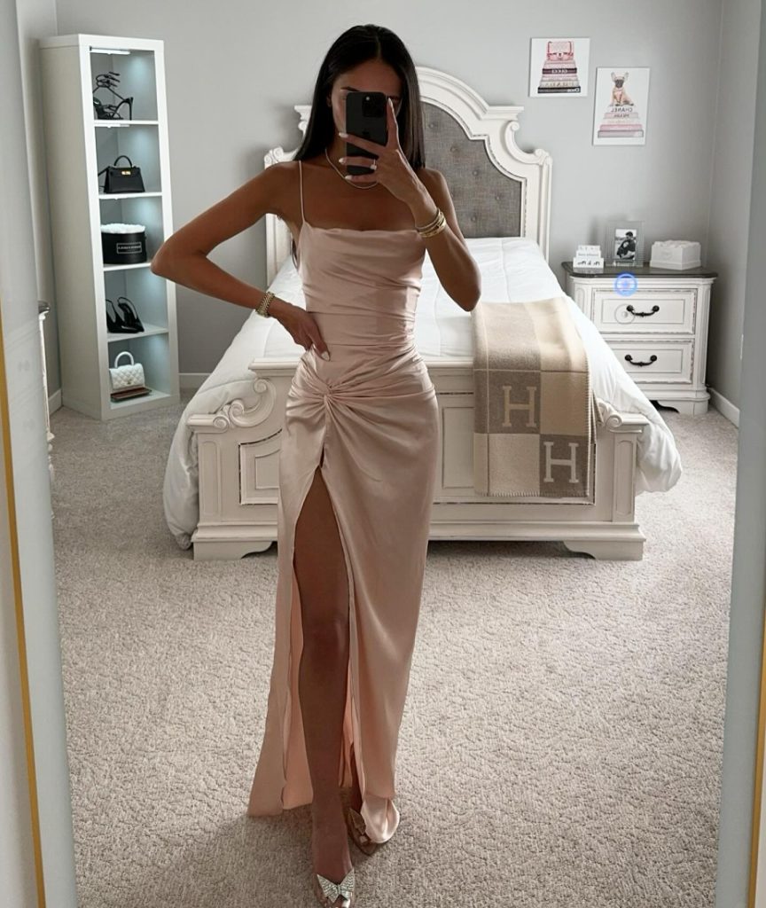 Champagne Satin Cowl-Neck Gown + Bow-Detail Pumps