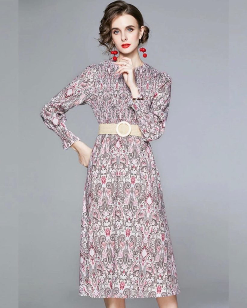 Paisley Print Midi Dress + Woven Statement Belt