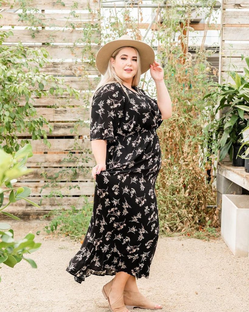 Black Floral Maxi Dress + Tan Wide-Brim Hat