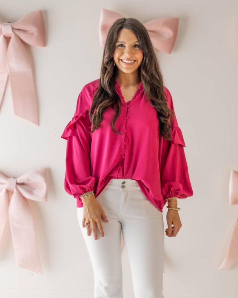  Fuchsia Ruffle Blouse + White Flare Jeans
