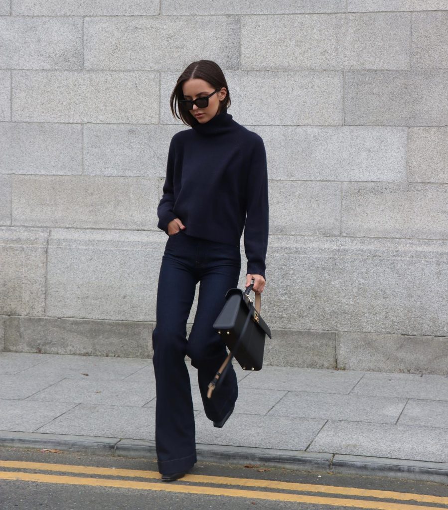 Navy Turtleneck Sweater + Flare Jeans + Structured Satchel