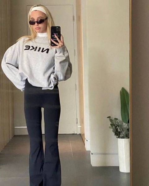 Grey Graphic Sweatshirt + White Headband + Black Yoga Pants