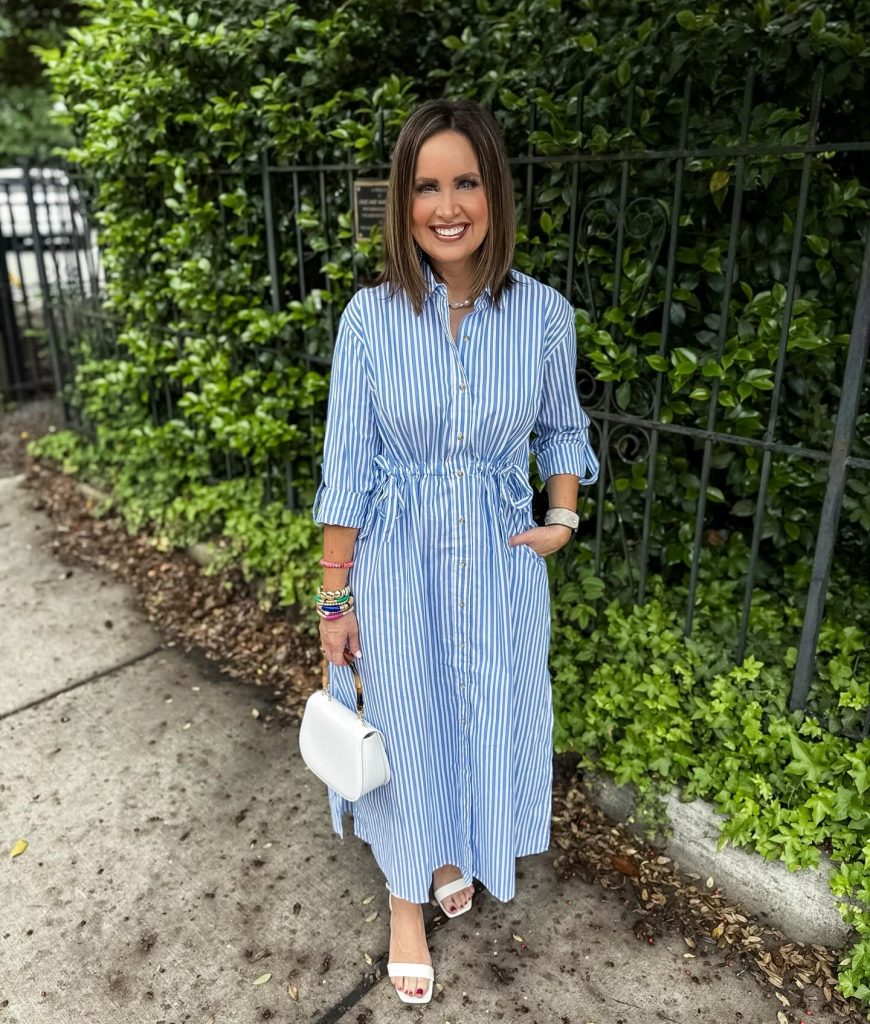 Blue Striped Shirt Dress + White Top-Handle Bag
