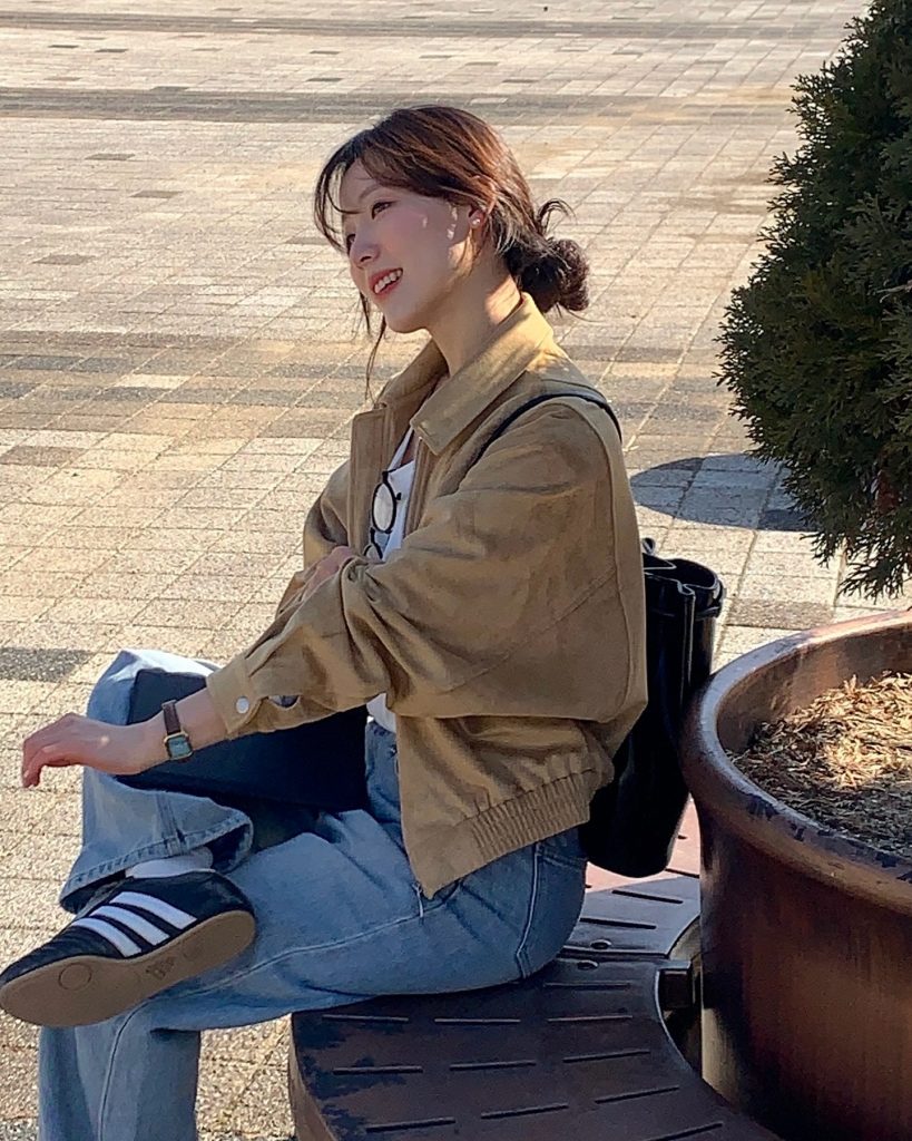  Tan Bomber Jacket + White Tee + Light Wash Jeans