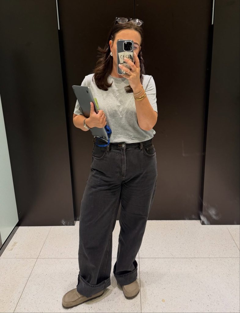 Grey T-Shirt + Dark Wash Wide-Leg Jeans + Suede Mules