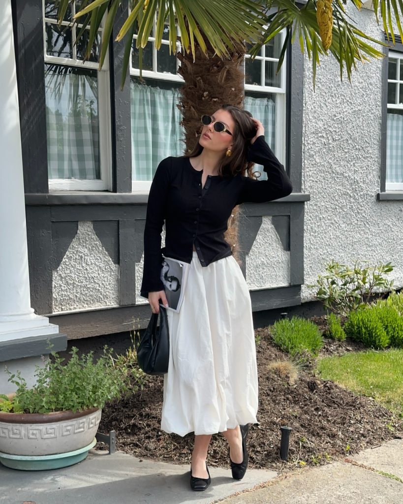  Black Button-Up Cardigan + White Balloon Skirt