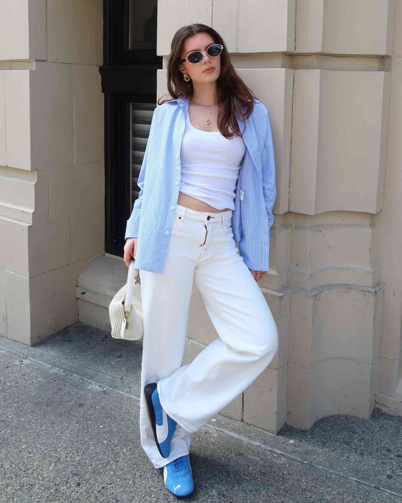 The Oversized Striped Shirt + White Tank + Wide-Leg Jeans