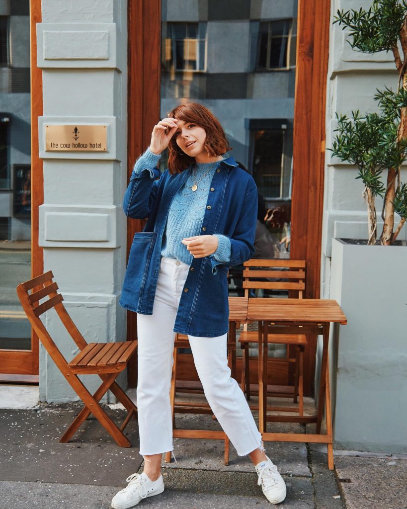  Blue Denim Jacket + Light Blue Knit Sweater + White Cropped Jeans