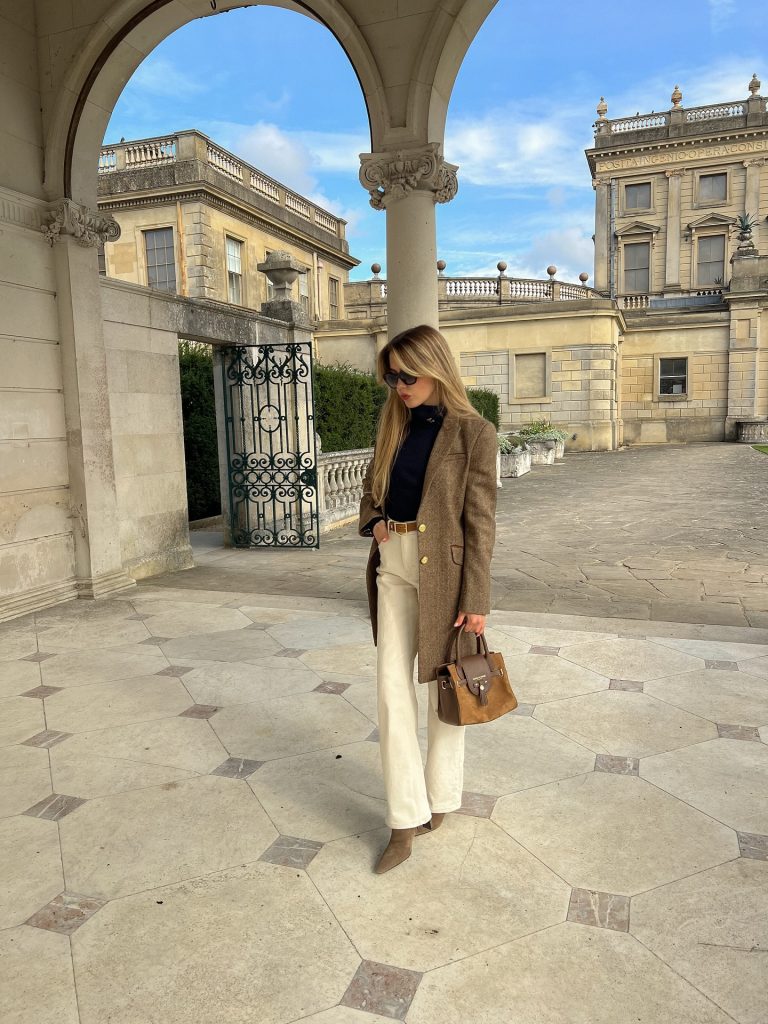 Brown Tweed Blazer + Navy Turtleneck + White Straight-Leg Jeans