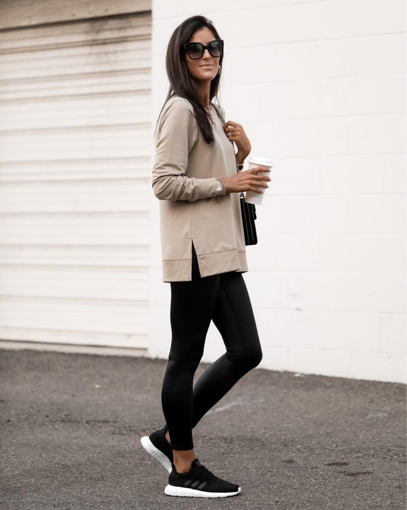 Taupe Tunic Sweatshirt + Black Sunglasses + Black Active Leggings