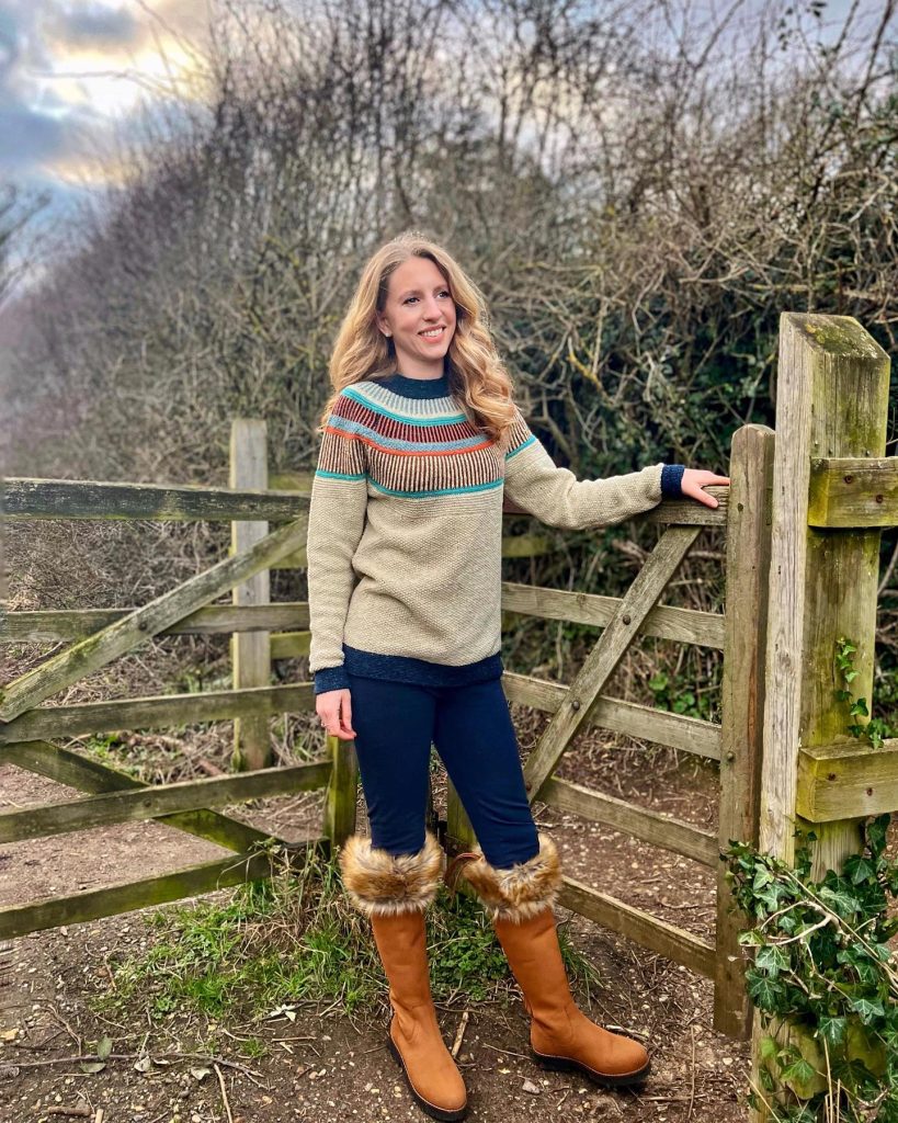Beige Fair Isle Sweater + Navy Leggings + Fur-Trimmed Boots