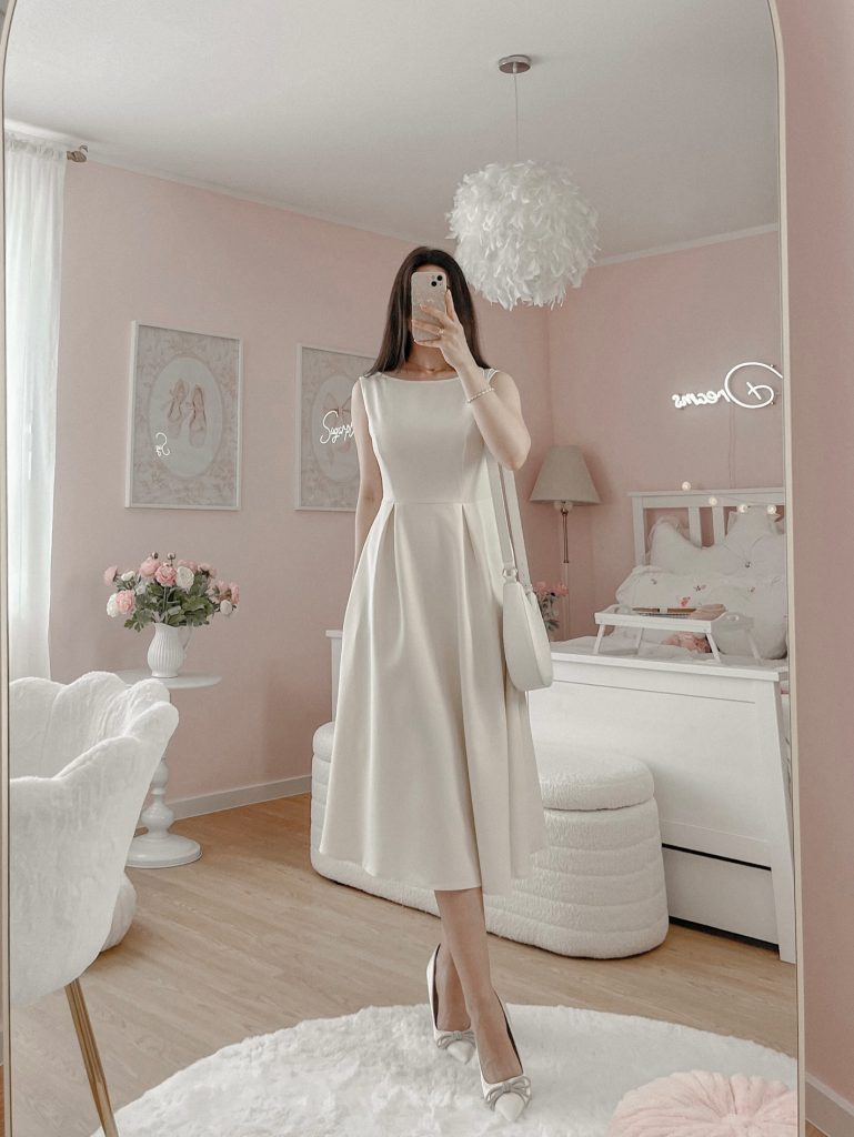 White Boat-Neck Fit-and-Flare Dress + White Crossbody Bag